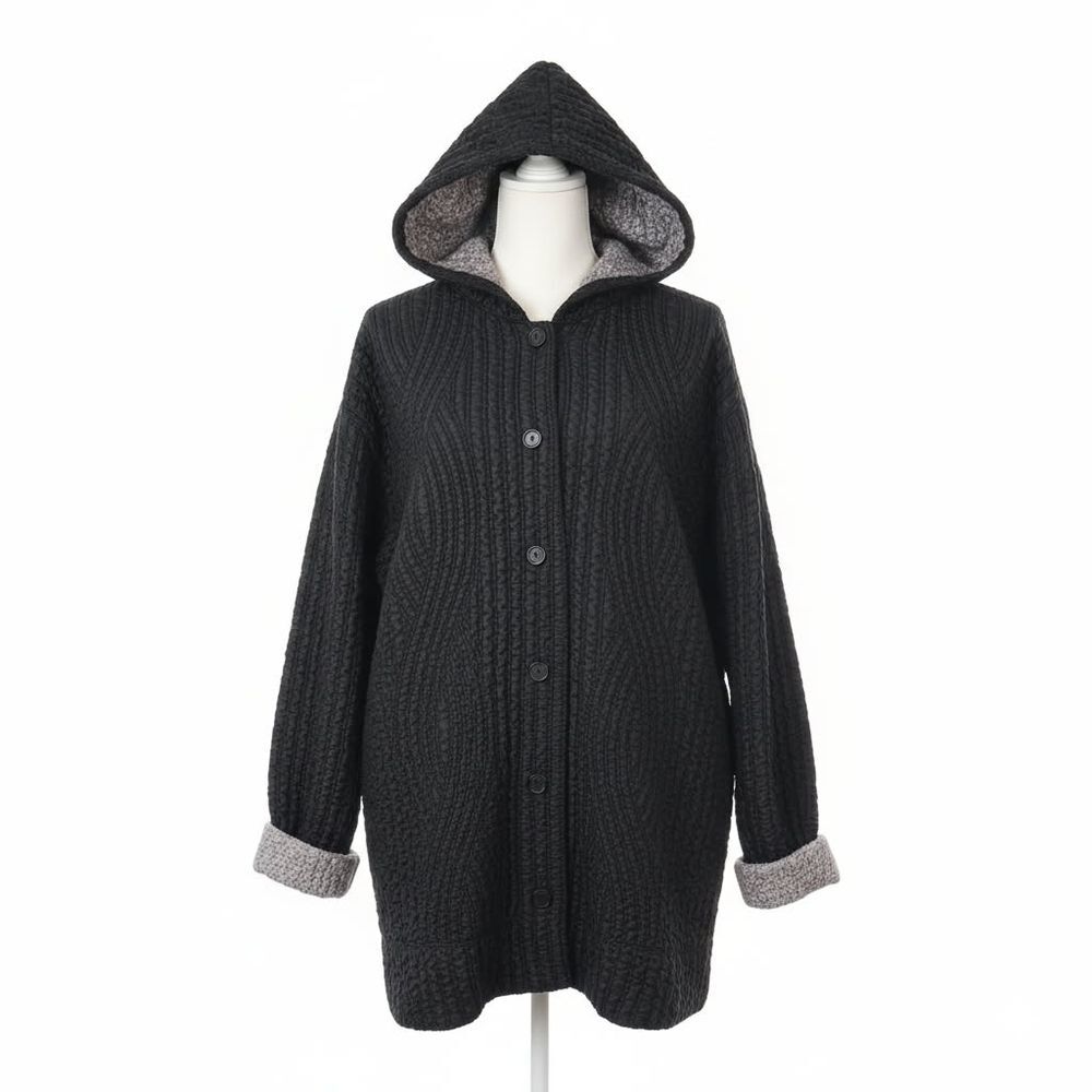 Women's Coat Black Gray Two Tone Crinkle Texture Hooded Quilted Oversized XL